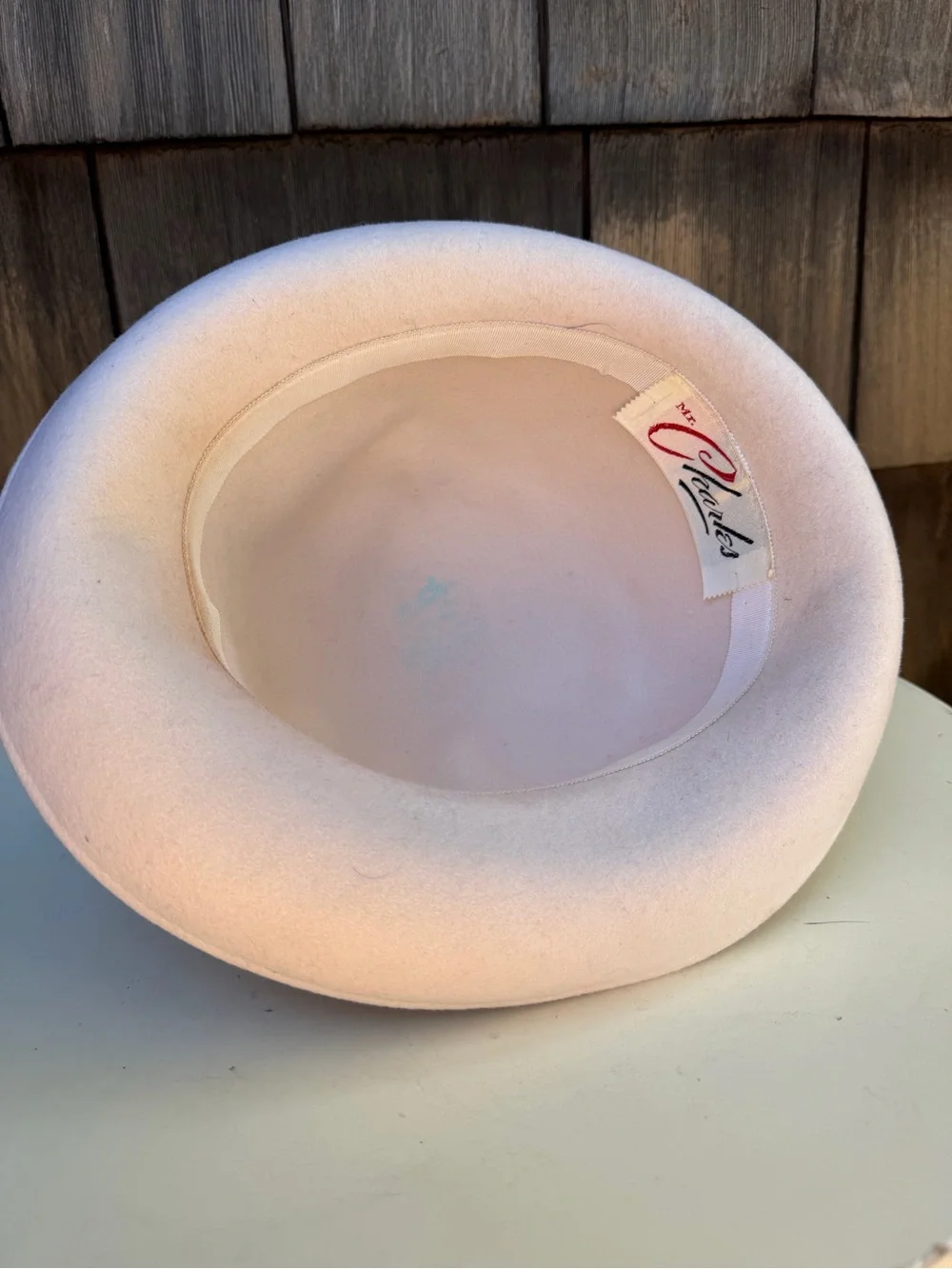 Vintage Mr Charles wool bowler brim hat cream color feathers rhinestones Sz 21”
